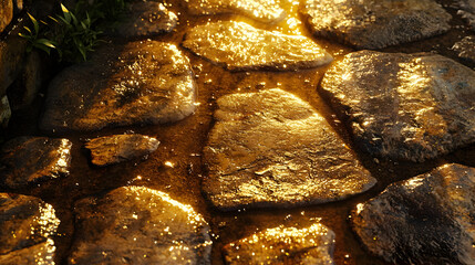 Sunlit, wet stone pathway.  Patches of golden light reflecting on water pooled between rough, irregular stones.  Small plants grow at the edge