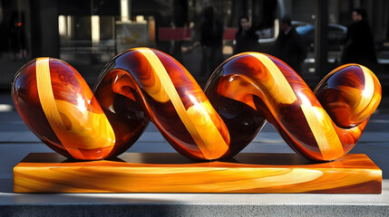 Intricate wood sculpture, three intertwined spirals, warm golden tones, inlaid stripes, mounted on a base