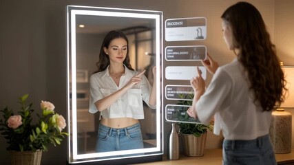 Young woman explores ar technology with smart mirror for interactive shopping experience showing product details and prices cozy room with warm - Powered by Adobe