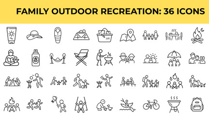 Family outdoor recreation icons set featuring various activities and symbols  