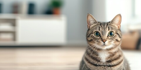 Naklejka premium A close-up of a tabby cat with wide eyes sitting indoors, with a blurred background of a modern living room.