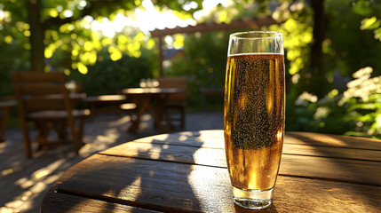 Sparkling drink in a tall glass on a wooden patio table, bathed in sunlight, with a blurred garden background