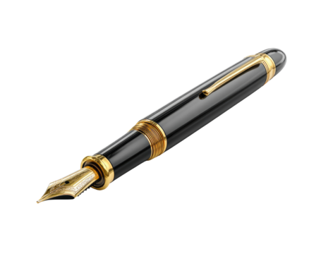 Black fountain pen with gold accents. A high-quality writing instrument, angled, showing a fine nib