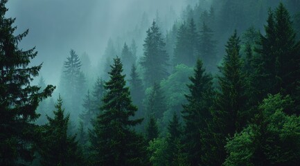 Fototapeta premium Misty forest canopy. Lush green trees shrouded in a light bluish-gray mist