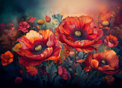 Vibrant red flowers bloom against a blurred background of greens, blues, and oranges, creating a soft, painted effect.