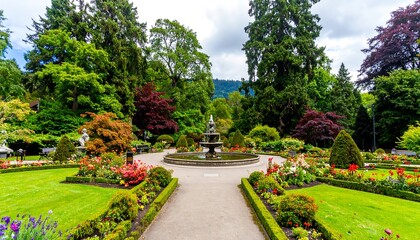 Fototapeta premium Lush park with fountain and flowers