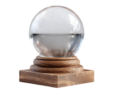 A clear glass sphere, filled with water and mist, sits atop a dark wooden pedestal
