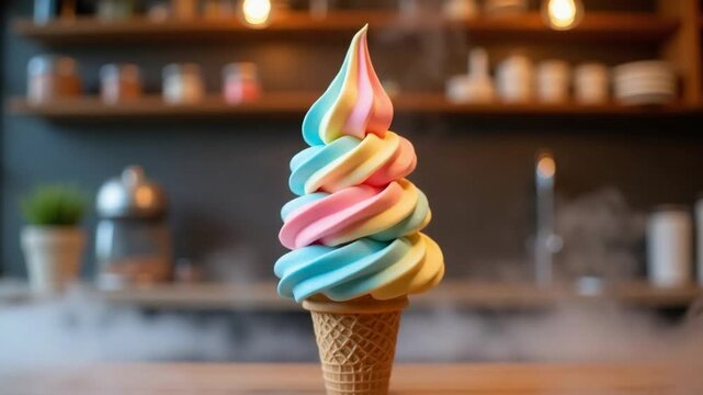 Colorful Soft Serve Ice Cream Cone in Cozy Caf&eacute;