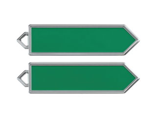 Two identical, emerald-green directional signs, mounted on a silver frame, appear to be situated on a highway