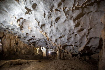Karain Cave. Interior view of the cave in Antalya, where natural stalactites and stalagmites are found in Turkey.