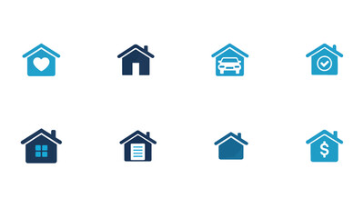 Set of Blue and Dark Home Icons Vector &ndash; Real Estate, Mortgage, Housing, Insurance, Property, and Finance Symbols
