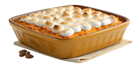 Indulge in creamy sweet potato casserole topped with perfectly toasted marshmallows, a classic holiday dessert delight.