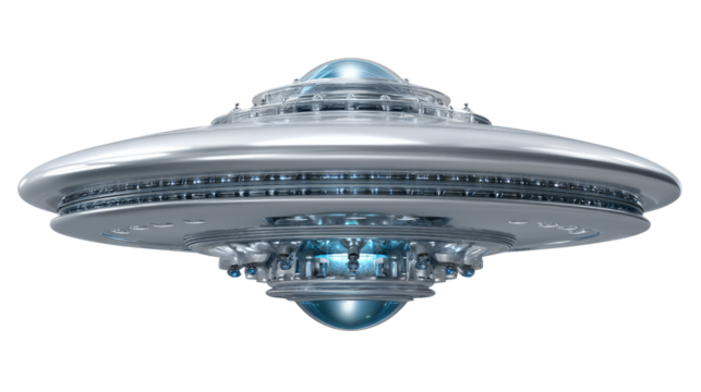 Unidentified Flying Object (UFO) in Flight: A sleek, metallic Unidentified Flying Object hovers gracefully, its futuristic design hinting at interstellar exploration.