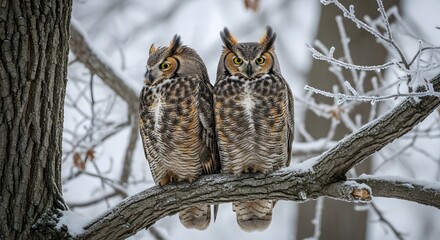 Obraz premium Two great horned owls perched closely together on a snow-covered branch, surrounded by a wintery forest landscape.