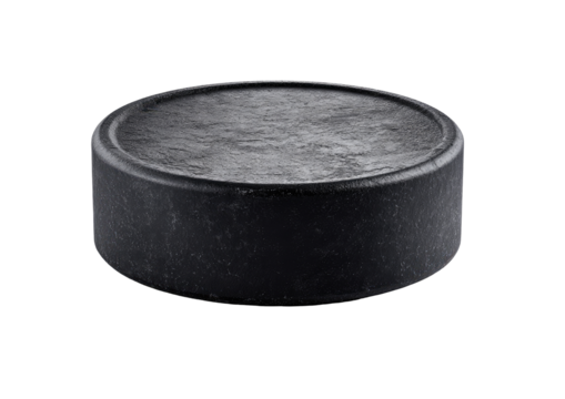Dark, circular hockey puck, front view