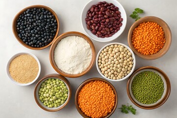 The photograph emphasizes dietary diversity, featuring different types of legumes and grains, neatly arranged in bowls, ready for culinary preparation and healthy eating.