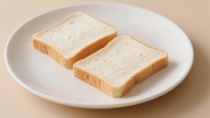 slices of plain white bread neatly placed on a white ceramic plate, isolated on soft beige background, top-down view, clean composition, natural light, stock photo