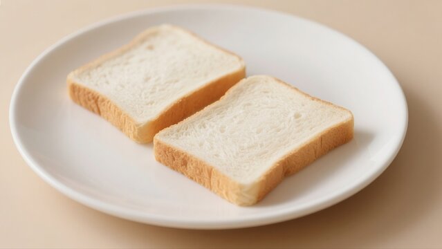 slices of plain white bread neatly placed on a white ceramic plate, isolated on soft beige background, top-down view, clean composition, natural light, stock photo