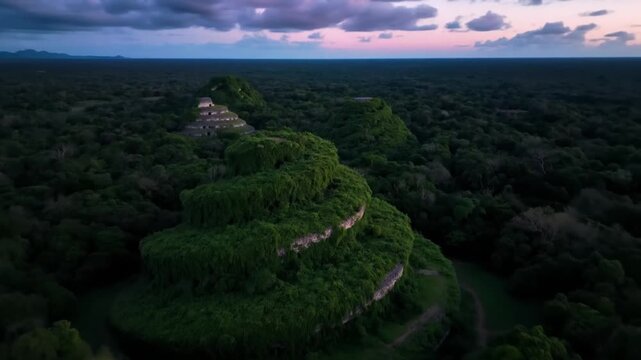 An aerial view captures the ancient mayan ruins nestled within a dense jungle, revealing the historical architecture under a twilight sky