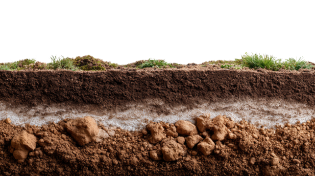 Soil Layer Section: A cross-section showcases the intricate layers of soil, revealing the textures of dirt and underlying geological composition in a visual representation of earth's structure.