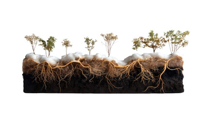 Roots of Growth: A cross-section revealing the intricate subterranean network of roots supporting a vibrant array of plants, embodying growth, interconnectedness, and ecological balance.