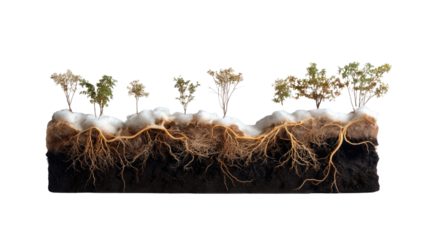 Roots of Growth: A cross-section revealing the intricate subterranean network of roots supporting a vibrant array of plants, embodying growth, interconnectedness, and ecological balance.