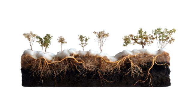 Roots of Growth: A cross-section revealing the intricate subterranean network of roots supporting a vibrant array of plants, embodying growth, interconnectedness, and ecological balance.