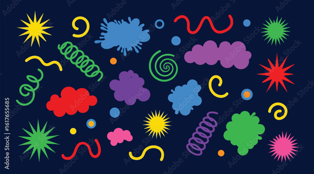 Poster a collection of colorful abstract shapes and patterns on a dark blue background