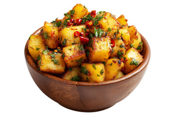 Spicy roasted potato cubes garnished with herbs and chili in wooden bowl isolated on white transparent background, concept of hot vegetarian street fast food
