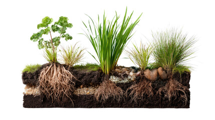 Growth and Foundation: A striking display showcases the unseen world beneath the surface, with diverse plant life revealing their intricate root systems and the earth that sustains them.