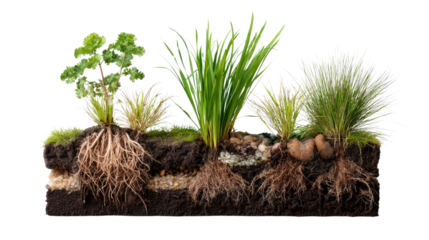 Growth and Foundation: A striking display showcases the unseen world beneath the surface, with diverse plant life revealing their intricate root systems and the earth that sustains them.