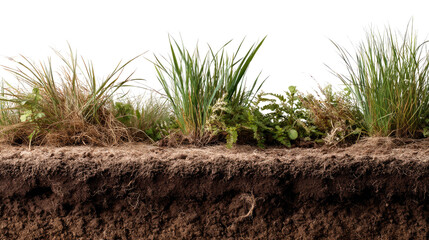 Cross-section of Earthly Growth: A detailed close-up unveils a cross-section showcasing layers of soil, roots, and varied blades of green grass. This image speaks to growth, nature.