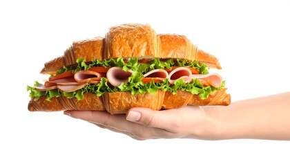 Hand Holding Croissant Sub Sandwich with Veggies and Meat