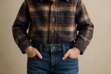 Child wearing a plaid shirt and blue jeans with hands in pockets