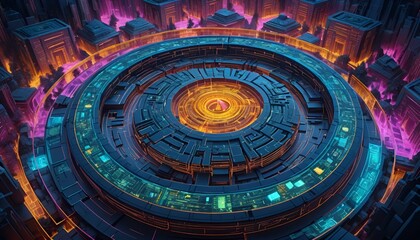 Detailed futuristic circular structure glows with orange and blue light, intricate design