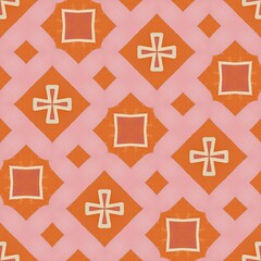 Obraz premium Seamless geometric pattern wallpaper, a decorative, retro-style illustration with a mosaic of abstract shapes, ideal for fabric, paper, or tile design