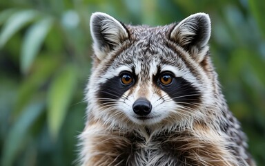 Fototapeta premium Close up of a raccoon face with dark mask and amber eyes