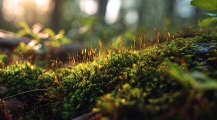 Close-up of vibrant moss patch in sunlight filtering through forest