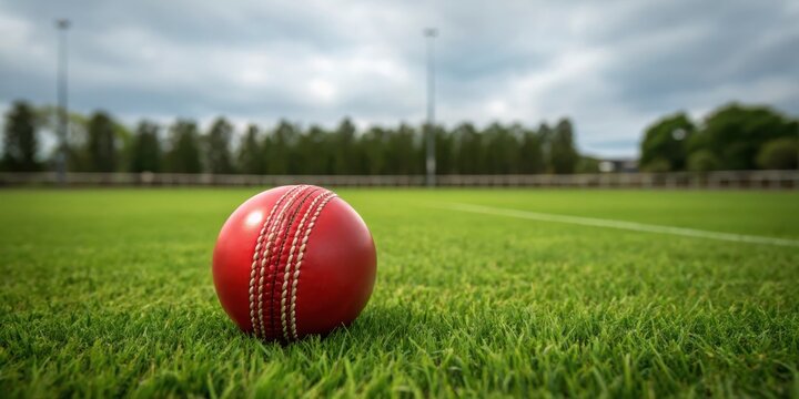 Red cricket ball resting on green grass field isolated on white background