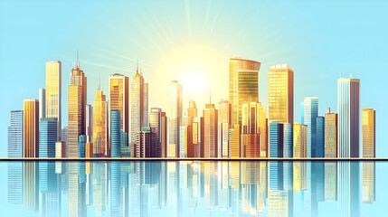 City skyline panorama, reflecting in water, sun rising.  Skyscrapers of various hues, golden tones, and shades of blue, mirroring the buildings in a placid, clear water reflection