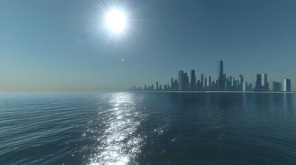 Ocean view of a futuristic city skyline, bright sunny day