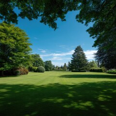 Lush green lawn stretches beneath a vibrant blue sky, framed by dense foliage. Sunlight filters through the trees, casting soft shadows across the grass