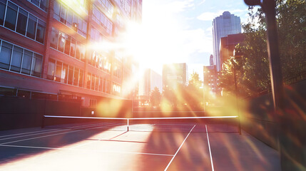 Urban tennis court bathed in golden sunlight, city buildings in the background.  Shadows cast by the net and courts