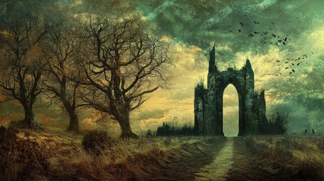 A mystical, decaying ruin in a desolate landscape.