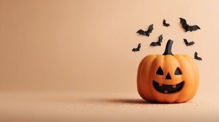 Halloween Jack-o'-Lantern with Bats on a Solid Background