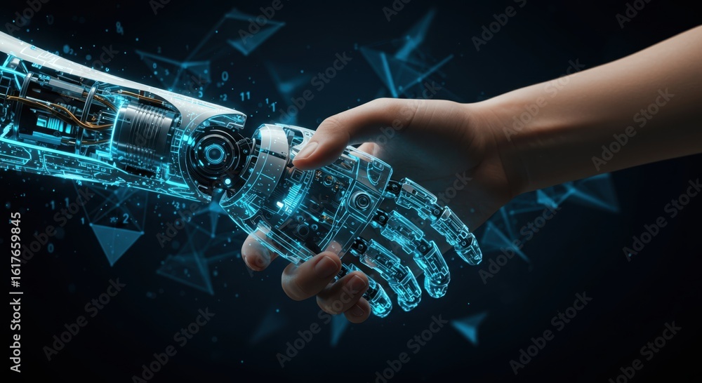 Aufkleber human hand clasps robotic appendage in a symbolic gesture of collaboration and the future of technol
