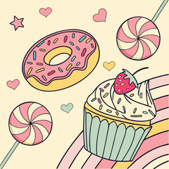 Seamless cupcake and cake pattern with sweet dessert and candy elements in vector illustration design