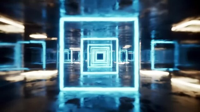 Cyberpunk Tunnel of Light Neon Squares in a Futuristic Space