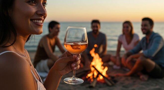 Friends enjoying rose wine by campfire - Powered by Adobe