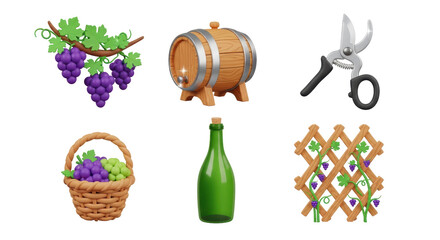 A collection of 3d rendered icons representing winemaking and viticulture elements, including grapes, barrel, bottle, basket, shears, and trellis. Ideal for agricultural or beverage industry designs.